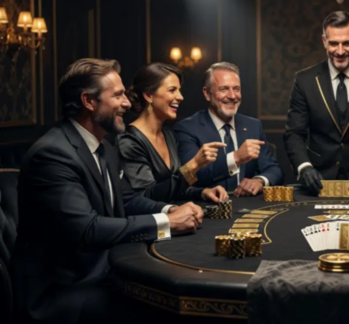 Blackjack party s hosty a krupiérem během kasinové noci