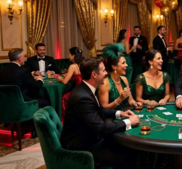 Hosté si užívají glamour kasino party s DJem a nasvíceným parketem.
