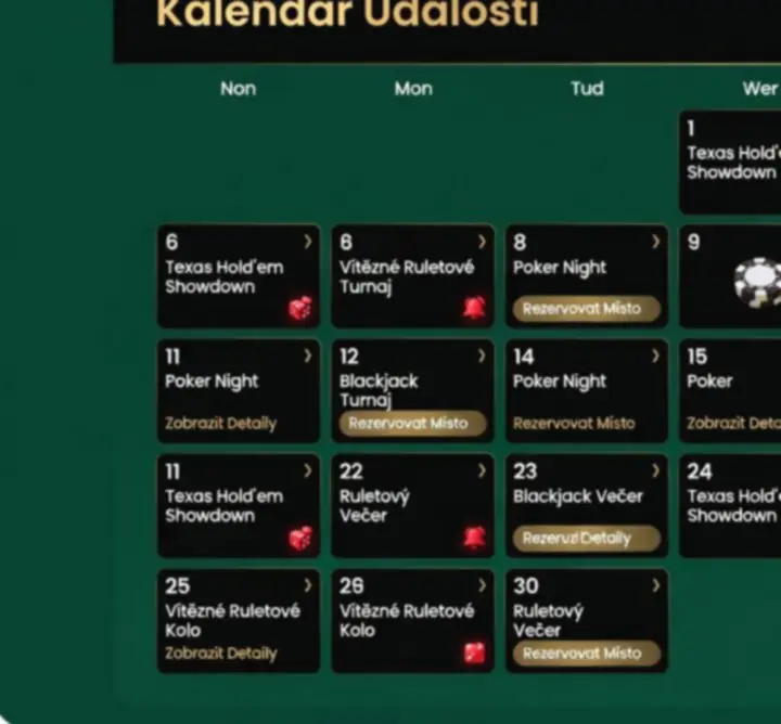 Stylový kasinový kalendář s pokerovými žetony a světly eventu