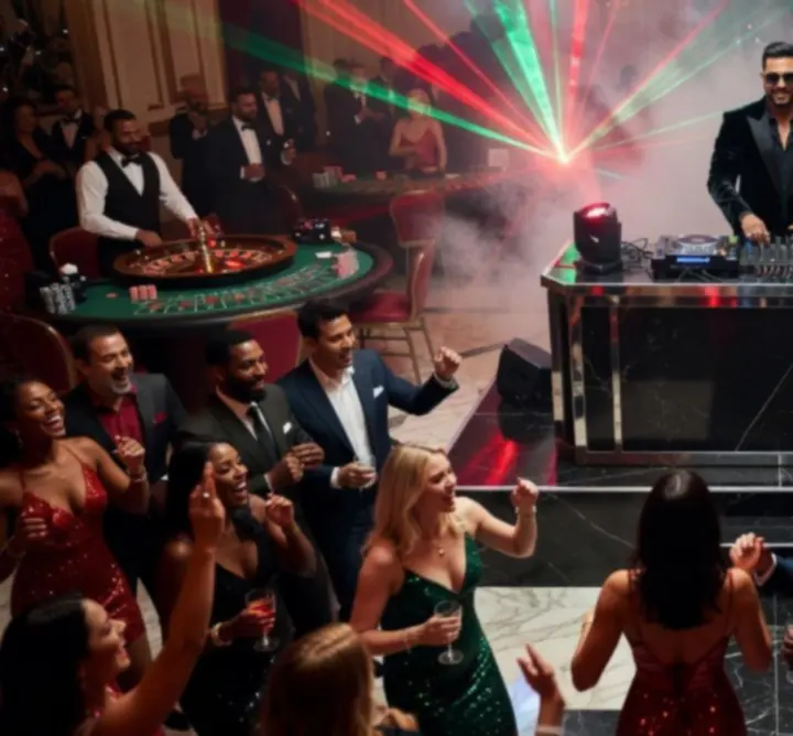 DJ a světelná show během kasino party s hosty u stolů