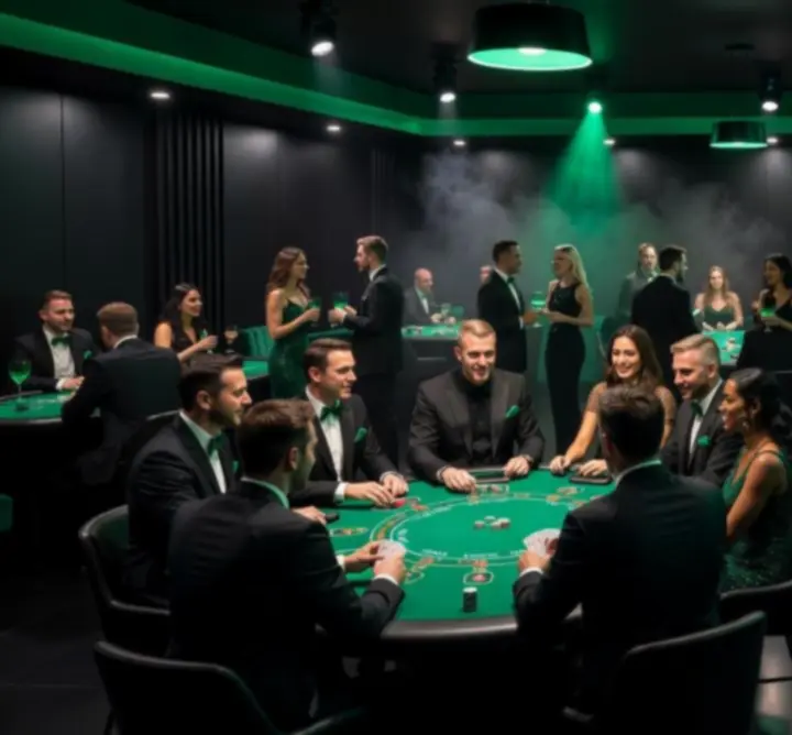 Tematický kasino večer s lounge zónou, tanečním parketem a hosty v elegantním oblečení.